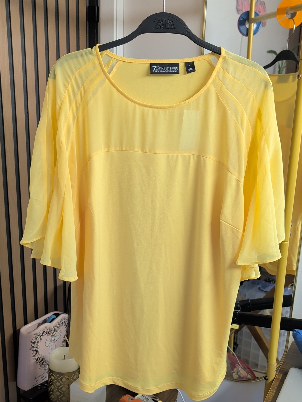 New York & Company Yellow Flutter Sleeve Blouse, Large. NWT - Picture 3 of 8